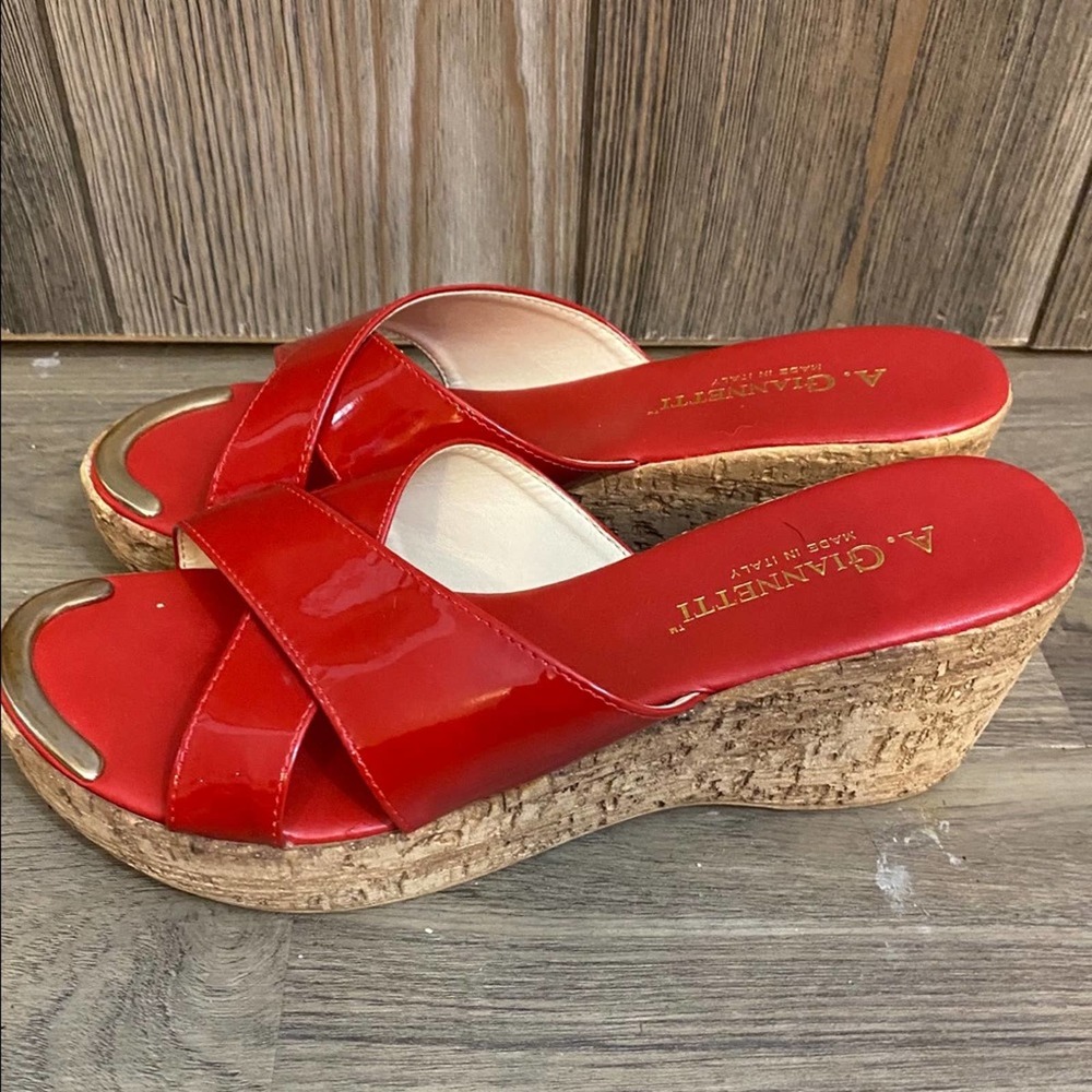 A. Giannetti red patent leather cork wedge sandals